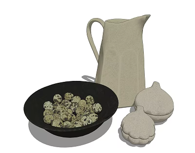 Decorative Ornament Set Including Beige Pitcher Black Bowl With Quail Eggs And Two Beige Ornaments 3d model