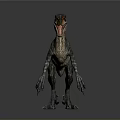 Colorful 3D Rendered Velociraptor in Standing Pose with Open Mouth and Dark Background Reflection