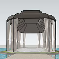 Water Pavilion With Black Roof And White Curtains Floating On Pool With Wooden Walkway