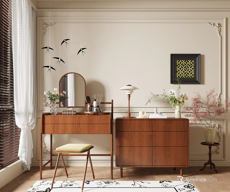 Elegant Wooden Dressing Table With Mirror Table Lamp Cabinet And Flowers In Cozy Room 3d model 