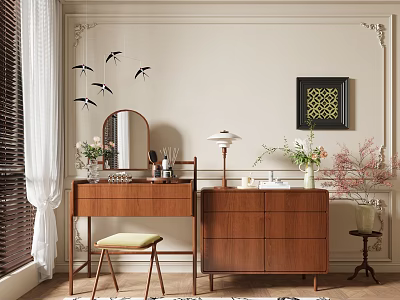 Elegant Wooden Dressing Table With Mirror Table Lamp Cabinet And Flowers In Cozy Room 3d model
