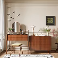 Elegant Wooden Dressing Table With Mirror Table Lamp Cabinet And Flowers In Cozy Room