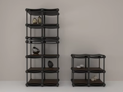 Black Multi Tiered Storage Shelves With Decorative Stones And Minimalist Design 3d model