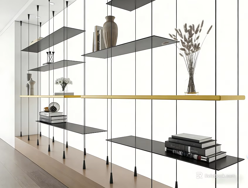 Modern Floating Shelving Unit with Black Glass Shelves Gold Accents Vases Books and Decorative Items 3d model 