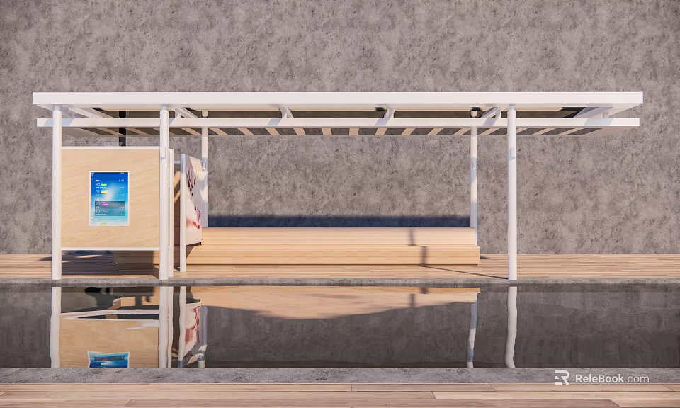 Modern Pergola With White Metal Frame Wooden Deck And Water Reflection Against Concrete Wall 3d model 