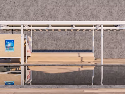 Modern Pergola With White Metal Frame Wooden Deck And Water Reflection Against Concrete Wall 3d model