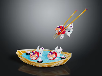 Decorative Ornament Set With Bowl Shaped Container Blue Liquid Fish Figurines And Chopsticks 3d model