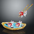 Decorative Ornament Set With Bowl Shaped Container Blue Liquid Fish Figurines And Chopsticks