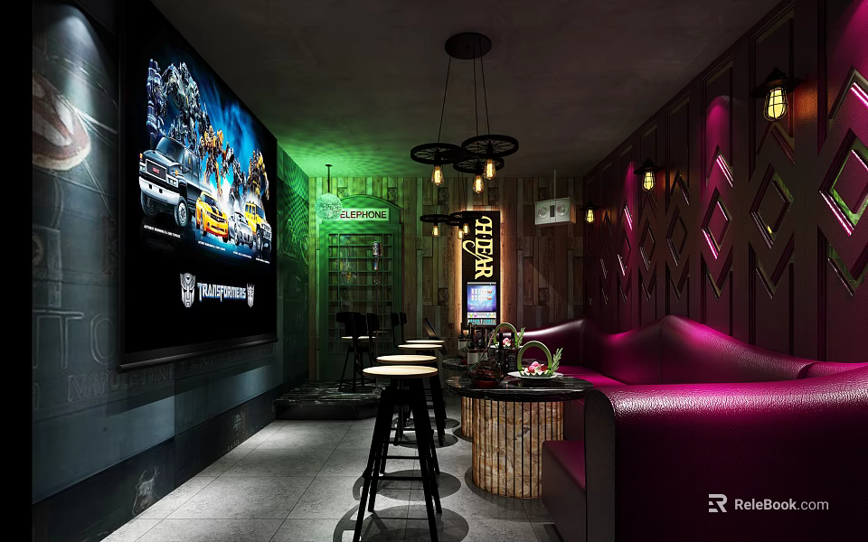 KTV Room Interior With Large Screen Purple Sofa And Ambient Lighting 3d model 