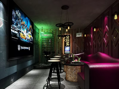 KTV Room Interior With Large Screen Purple Sofa And Ambient Lighting 3d model