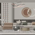 Modern Sofa And Coffee Table Combination With Decorative Pillows Hanging Chandeliers And Area Rug