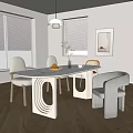 Modern White Curved Dining Table Set With Chairs Vase Fruit Bowl And Artwork