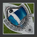 Cartoon Scene of Futuristic Blue Dome Building With Tall Tower Green Lawn Circular Pathway And Decorative Pillars