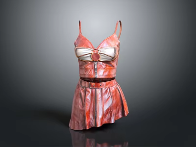 Fashionable Pink Women's Dress With Spaghetti Straps Belt And Shiny Ruffled Skirt 3d model