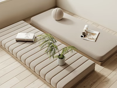 Cozy Living Room Cushioned Seats With Plants And Magazines 3d model