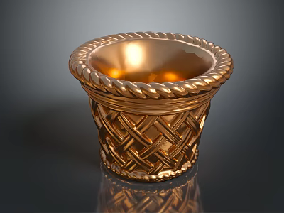 Golden Carved Sculptural Vessel With Intricate Braided Pattern And Rope Edge Design 3d model