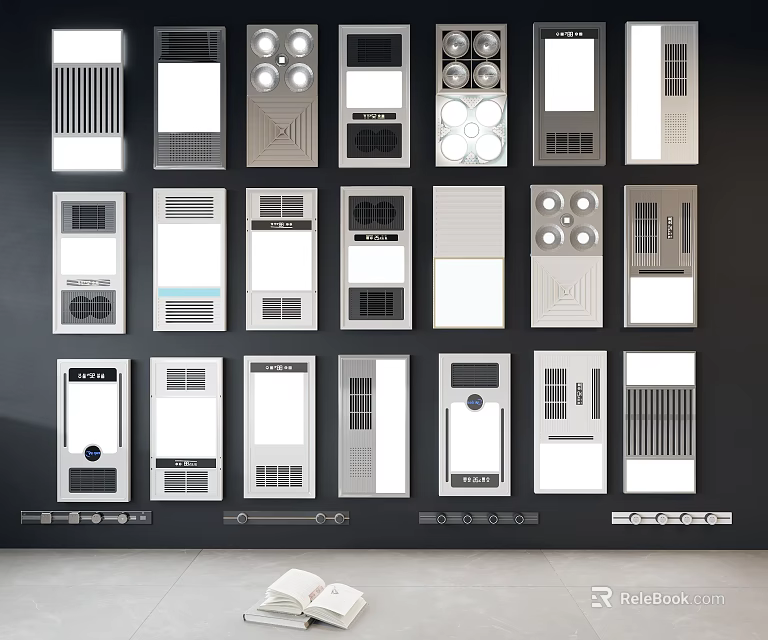 Various Home Control Panel Designs Arranged On Black Wall With Open Book 3d model 