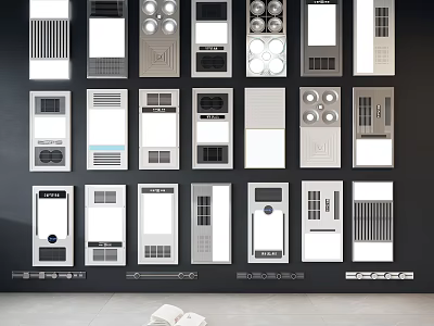 Various Home Control Panel Designs Arranged On Black Wall With Open Book 3d model