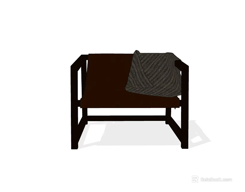 Stylish Lounge Chair With Dark Wooden Frame Brown Seat And Gray Knitted Blanket 3d model 