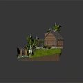 Cartoon Scene With Small Wooden House Green Trees Stone Pathway And Little Pond