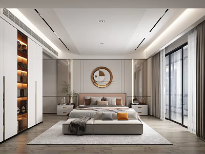 Modern Bedroom Interior Design With King Size Bed Wardrobe And Round Wall Art 3d model