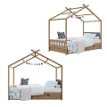 Wooden Kids Bed With House Roof Frame Star Decorations And Storage Drawers