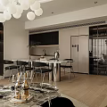 Modern Living And Dining Room Interior With Dark Sofa Glass Chandelier And Area Rug