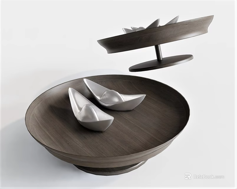Two Modern Round Wooden Coffee Tables With Silver Boat Decorations 3d model 