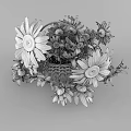 Decorative Ornament Set with Wicker Basket and White Daisies for Tabletop Decoration