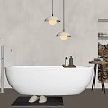Modern White Bathtub With Hanging Lights Faucet Mat And Wood Logs