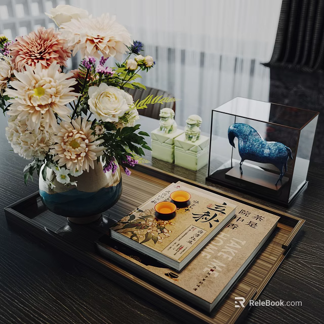 Decorative Ornament Set with Vase Flowers Tray Book Tea Cups and Blue Horse Figurine 3d model 