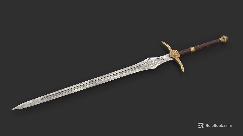 Ornate Engraved Sword Blade With Golden Guard And Brown Leather Hilt 3d model 
