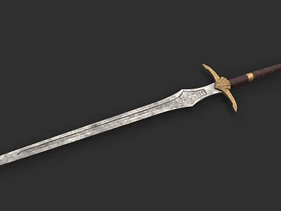 Ornate Engraved Sword Blade With Golden Guard And Brown Leather Hilt 3d model