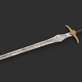 Ornate Engraved Sword Blade With Golden Guard And Brown Leather Hilt