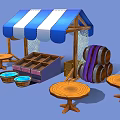 Charming Market Stall With Blue White Striped Awning Wooden Shelf Buckets And Table