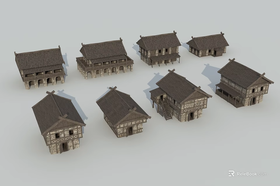 Various Traditional Chinese Architecture Models with Wooden Structures and Dark Roofs 3d model 