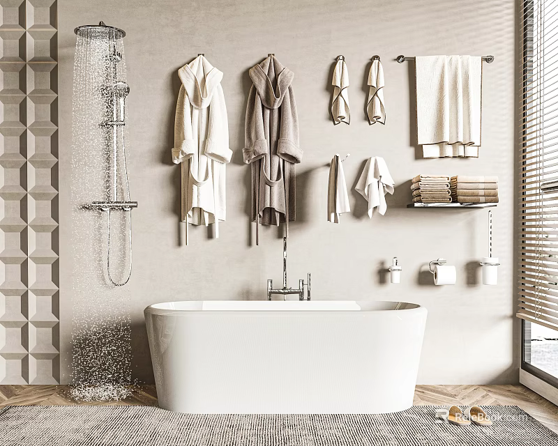Stylish White Bathtub with Showerhead Hanging Robes Towels and Window Blinds 3d model 