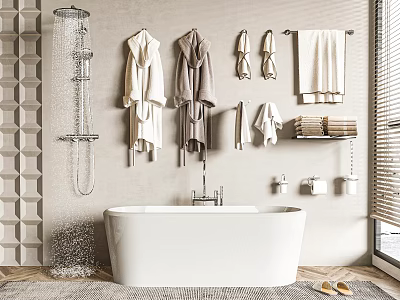 Stylish White Bathtub with Showerhead Hanging Robes Towels and Window Blinds 3d model