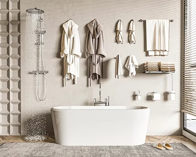 Stylish White Bathtub with Showerhead Hanging Robes Towels and Window Blinds 3d model