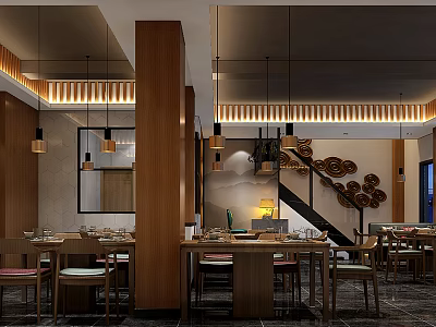 Modern Chinese Restaurant Interior With Wooden Pillars Hanging Lights Decorative Wall And Dining Tables 3d model
