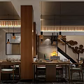 Modern Chinese Restaurant Interior With Wooden Pillars Hanging Lights Decorative Wall And Dining Tables
