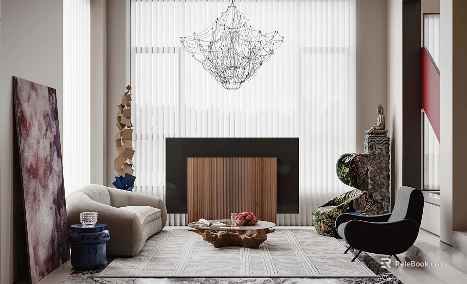 Modern Living Room Interior With Chandelier Blinds Fireplace Sofa Coffee Table And Sculptures 3d model 