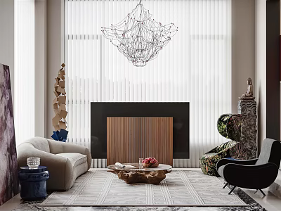 Modern Living Room Interior With Chandelier Blinds Fireplace Sofa Coffee Table And Sculptures 3d model