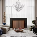 Modern Living Room Interior With Chandelier Blinds Fireplace Sofa Coffee Table And Sculptures