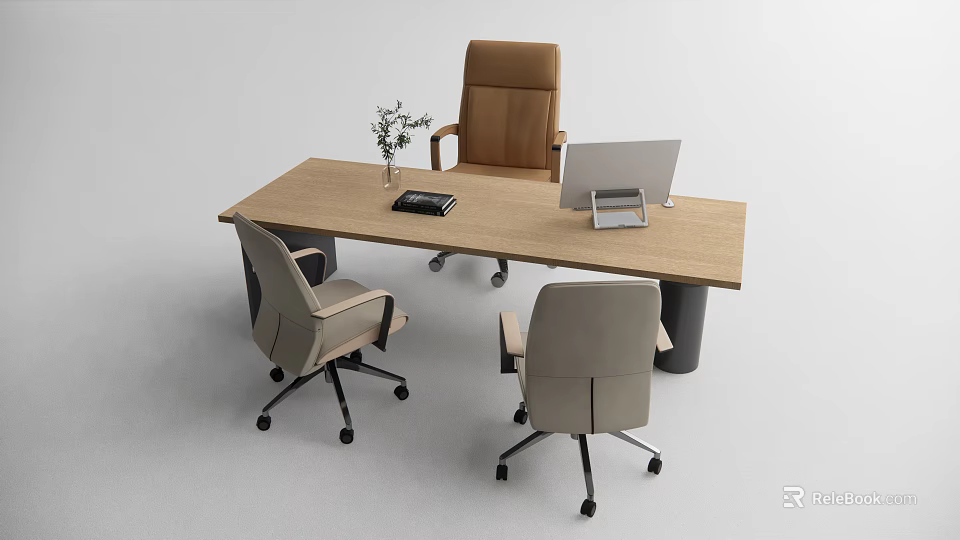 Modern Office Desk Interior With Computer Monitor Phone Plant And Chairs 3d model 