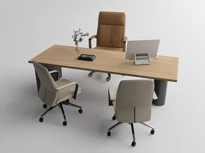 Modern Office Desk Interior With Computer Monitor Phone Plant And Chairs 3d model