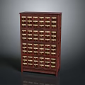 Dark Wooden Drawer Cabinet Featuring Multiple Small Drawers With Metal Handles