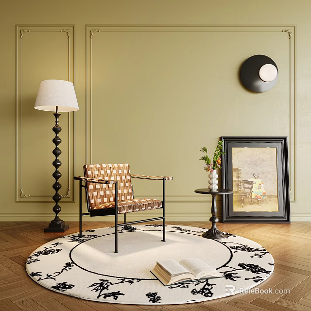 Checkered Accent Chair in Beige Wall with Black Floor Lamp Round Rug and Artwork 3d model 