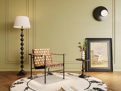 Checkered Accent Chair in Beige Wall with Black Floor Lamp Round Rug and Artwork 3d model