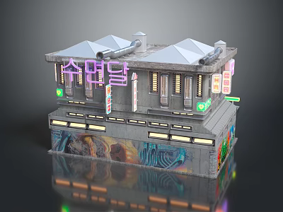 Cartoon Cyberpunk Building Scene With Neon Signs Multi Story Gray Exterior And Graffiti Decorations 3d model